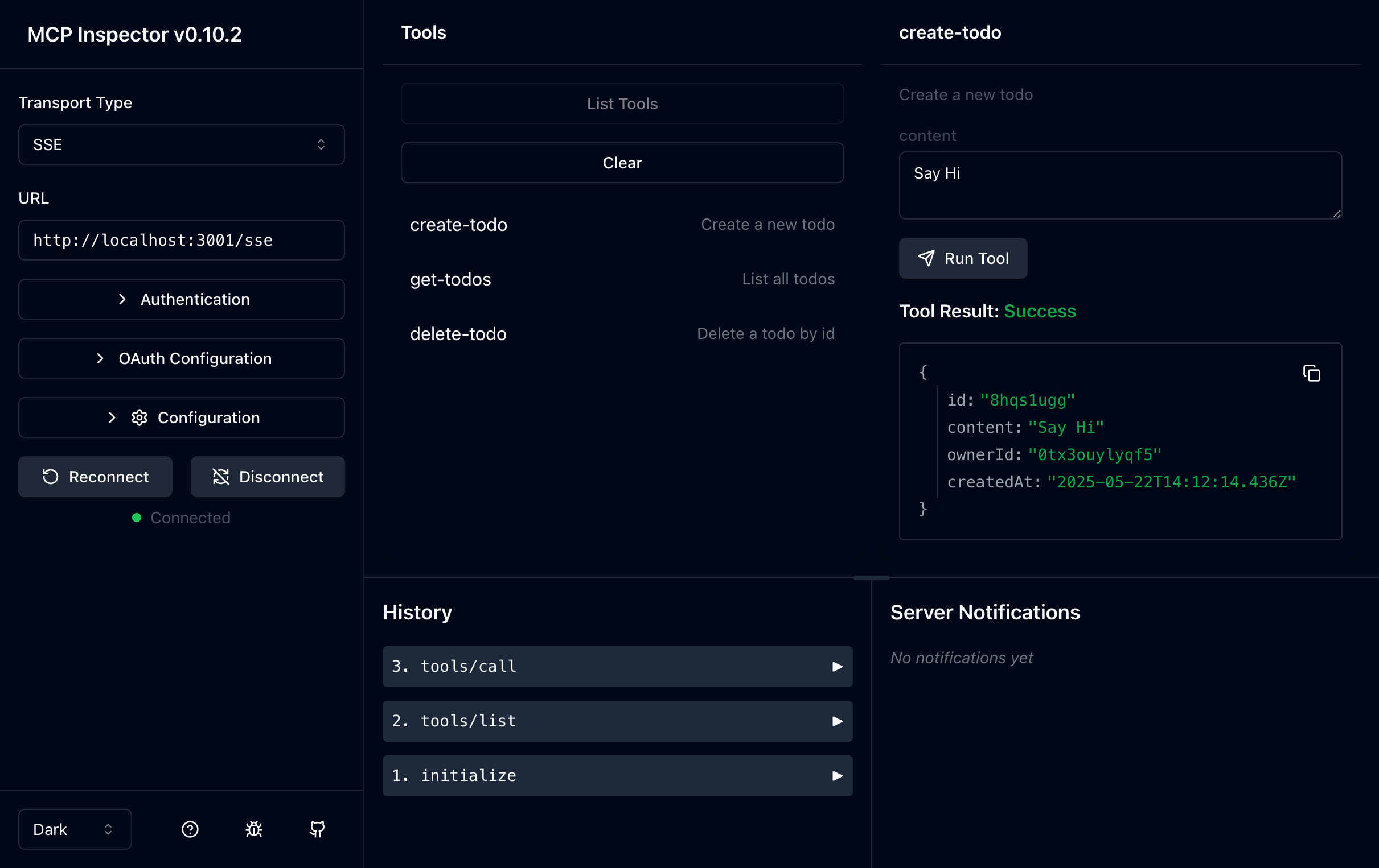 MCP inspector todo manager tool result
